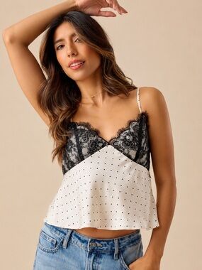 Altar'd State Kenna Satin Lace Tank Top Black S